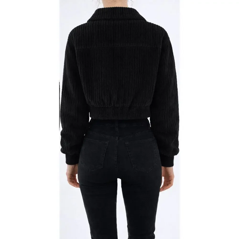 Women’s Cropped Black Corduroy Snap Button Jacket Structured Fit Size Small